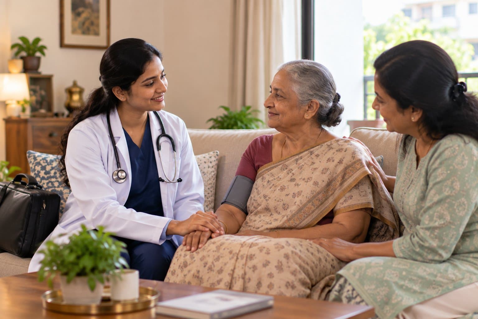 A doctor in a white coat sits beside an older woman on her sofa with a hand resting on hers, a blood-pressure cuff on the older woman’s arm, and a younger woman of the family seated alongside.