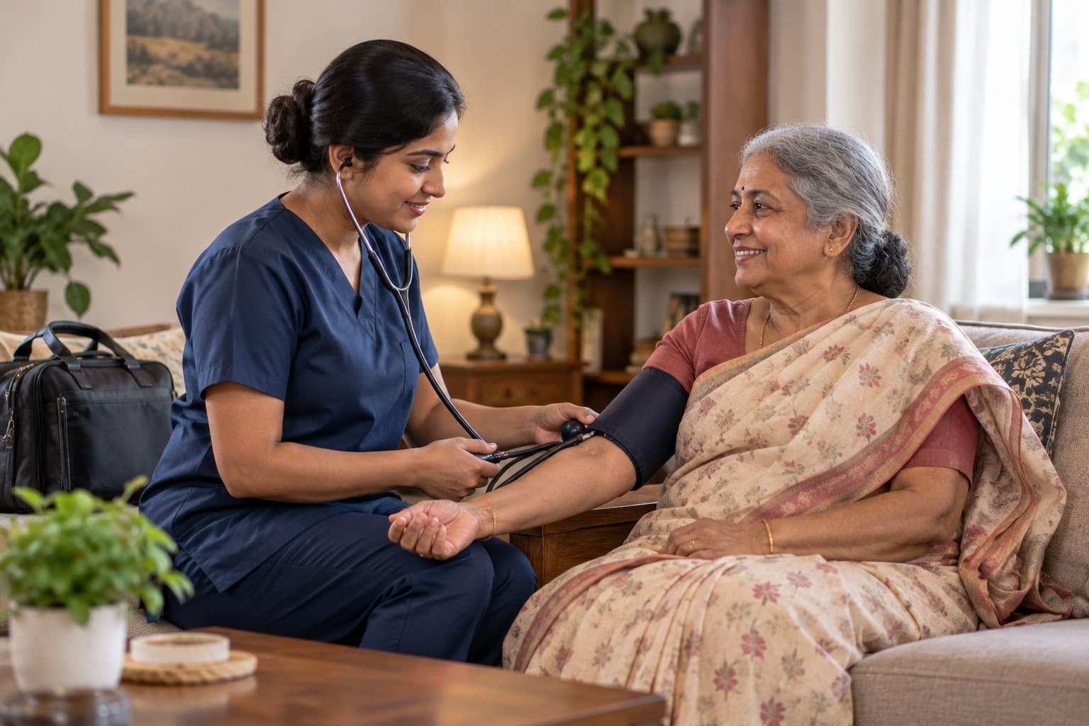 A nurse in navy scrubs listens through a stethoscope while taking the blood pressure of an older woman in a cotton saree, seated on her own sofa.